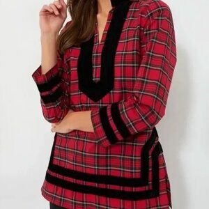 Tuckernuck NWT Sail To Sable Red Tartan Plaid Black Velvet Trim Tunic Top Large